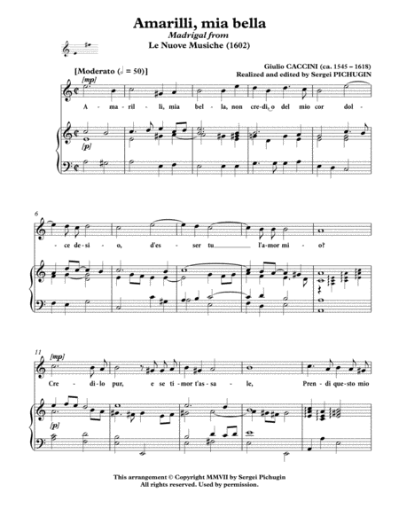 CACCINI Giulio: Amarilli, mia bella, aria, arranged for Voice and Piano (A minor) image number null