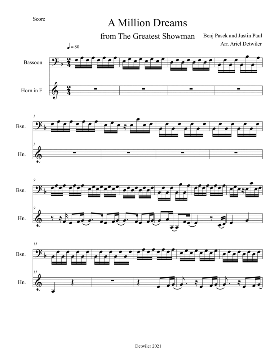 A Million Dreams Woodwind Duet scores gallery preview page 1
