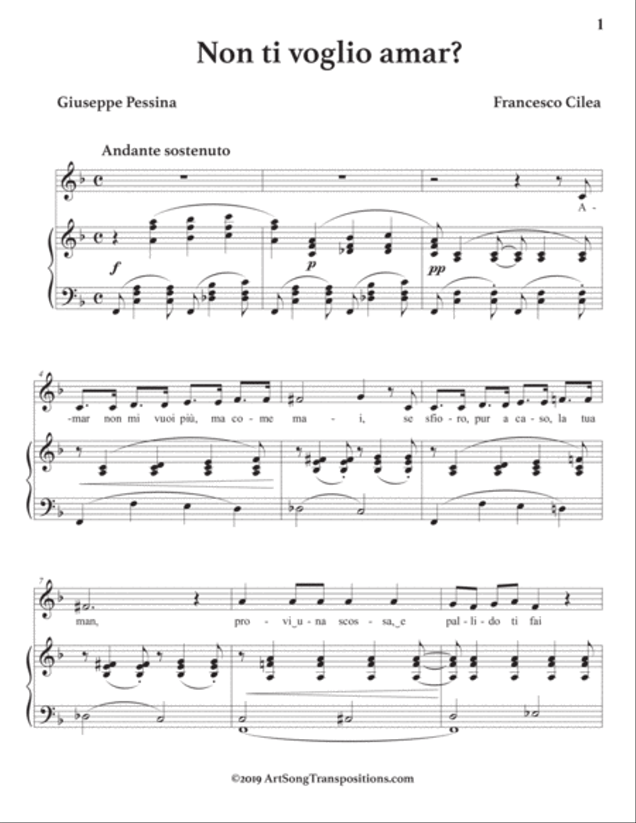 CILEA: Non ti voglio amar? (transposed to F major) Voice scores gallery preview page 2
