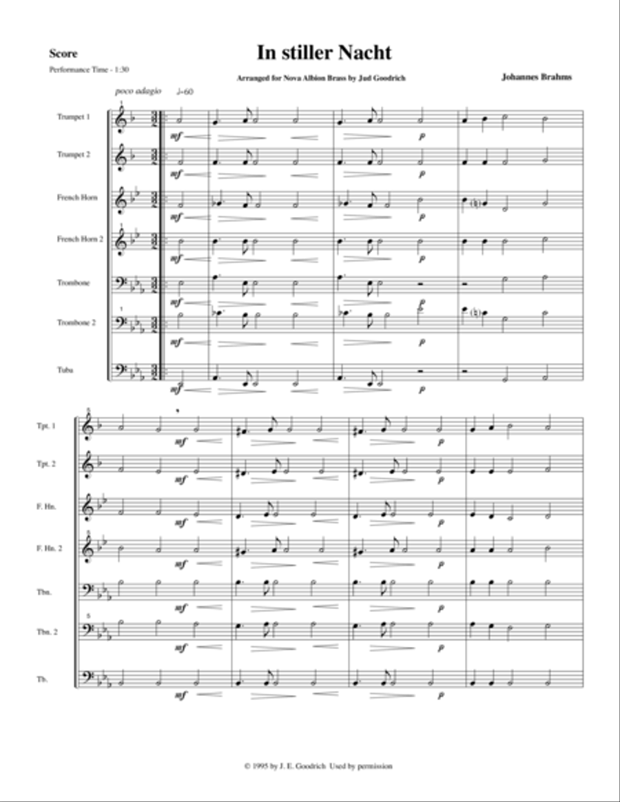 "In stiller Nacht" for brass quintet, score and parts