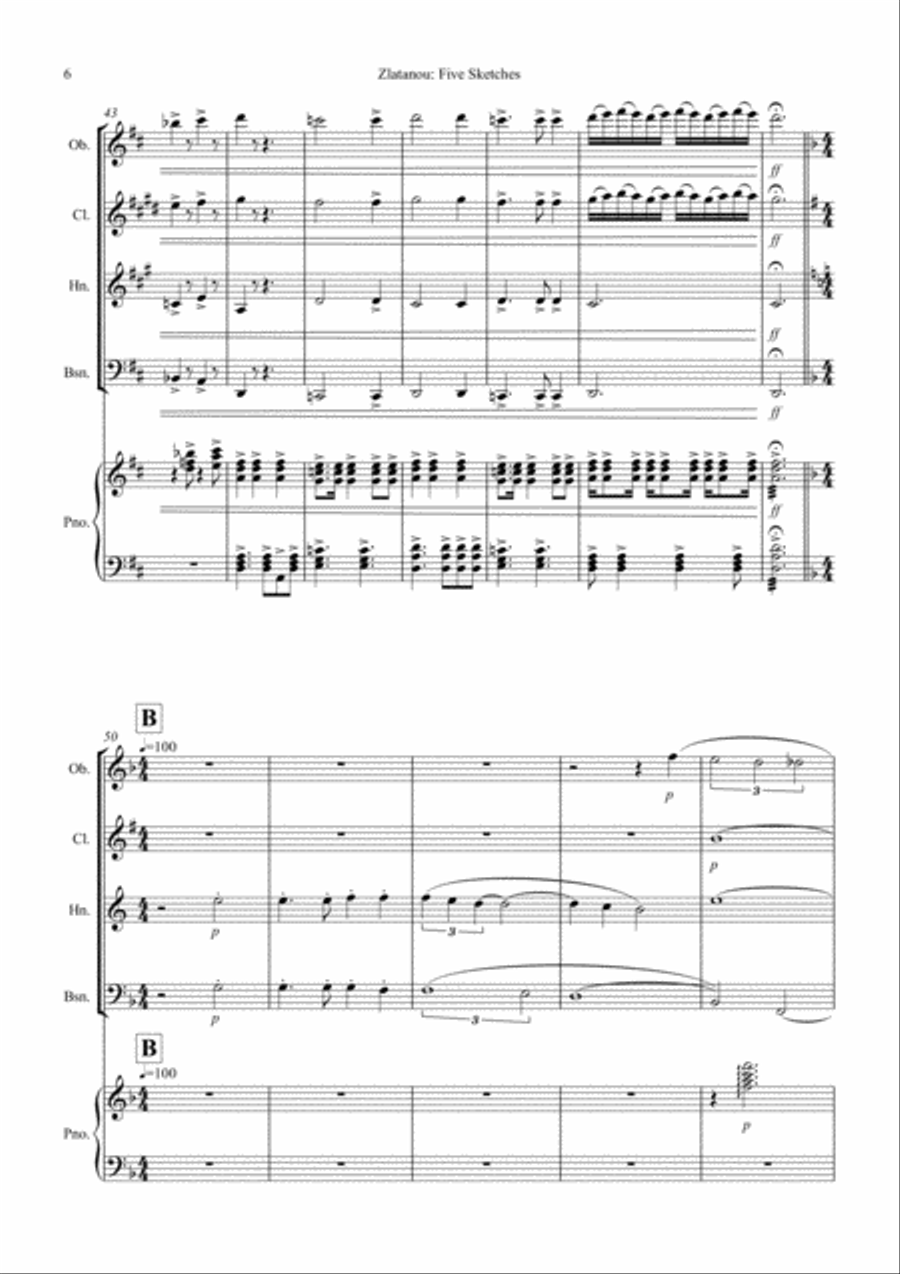 FIVE SKETSCHES, Quintet for Woodwinds (Oboe, Clarinet in Bb, Horn, Bassoon), and Piano Woodwind Quintet scores gallery preview page 6