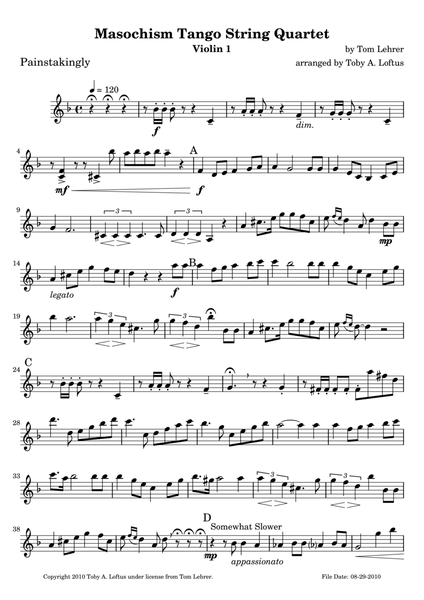 Masochism Tango by Tom Lehrer for String Quartet