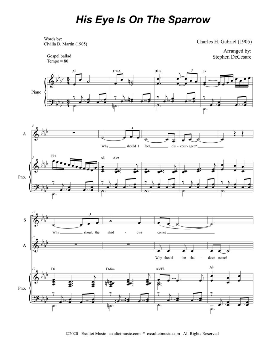 His Eye Is On The Sparrow (Duet for Soprano and Alto Solo) Alto Voice scores gallery preview page 2