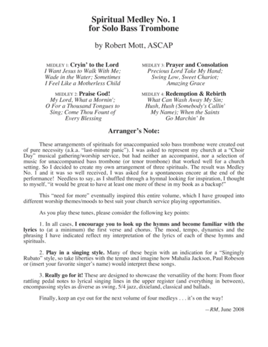 Spiritual Medley No. 1 Spiritual Medley No. 1 Bass Trombone scores gallery preview page 1
