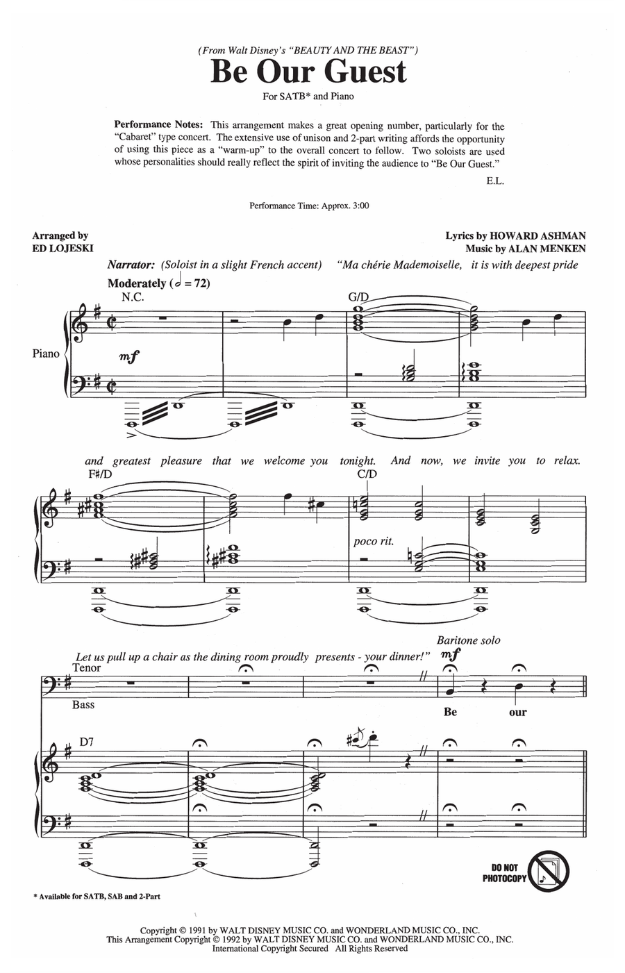 Be Our Guest (from Beauty And The Beast) (arr. Ed Lojeski) 4-Part scores gallery preview page 1