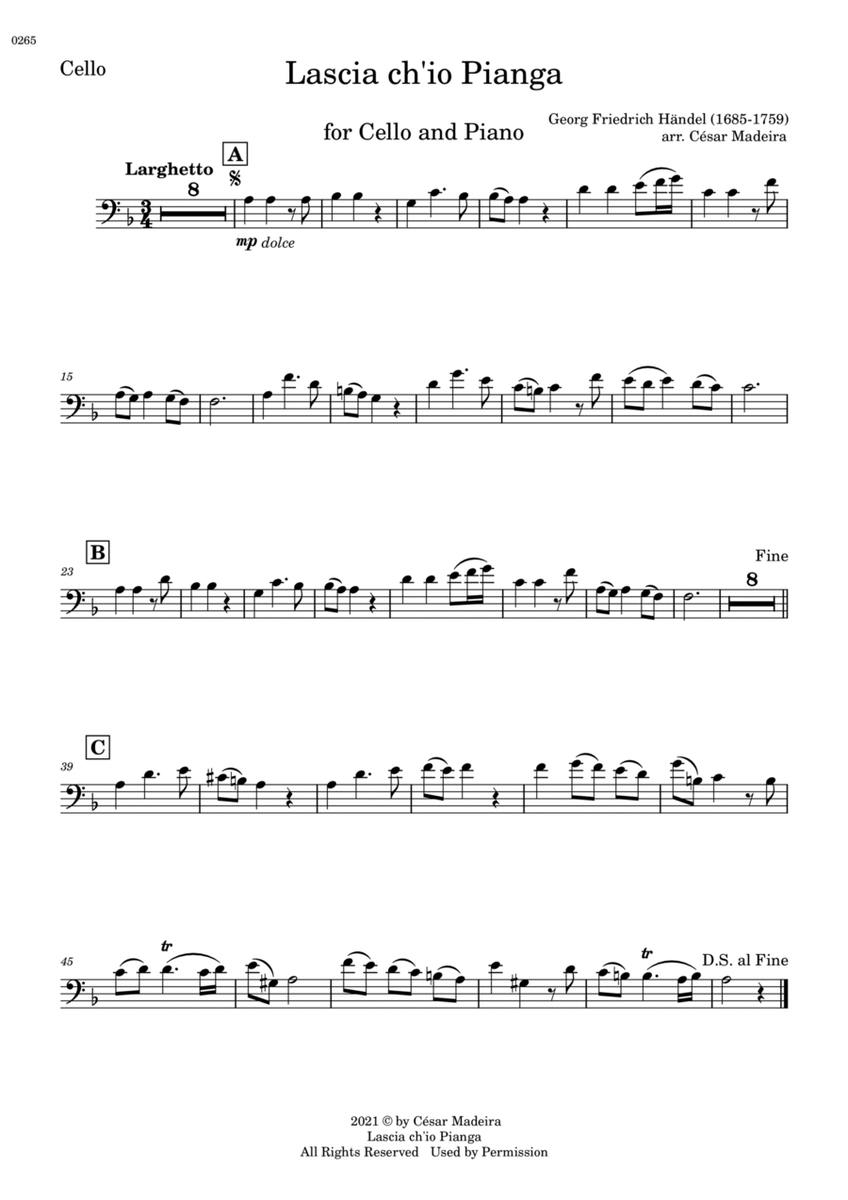 Lascia Ch'io Pianga - Cello and Piano (Individual Parts) image number null
