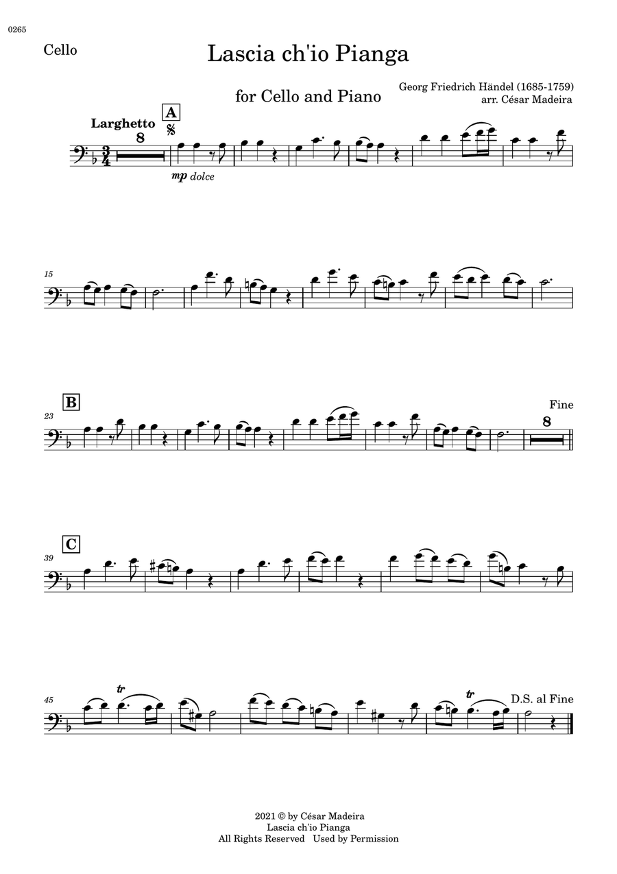 Lascia Ch'io Pianga - Cello and Piano (Individual Parts) Piano scores gallery preview page 1