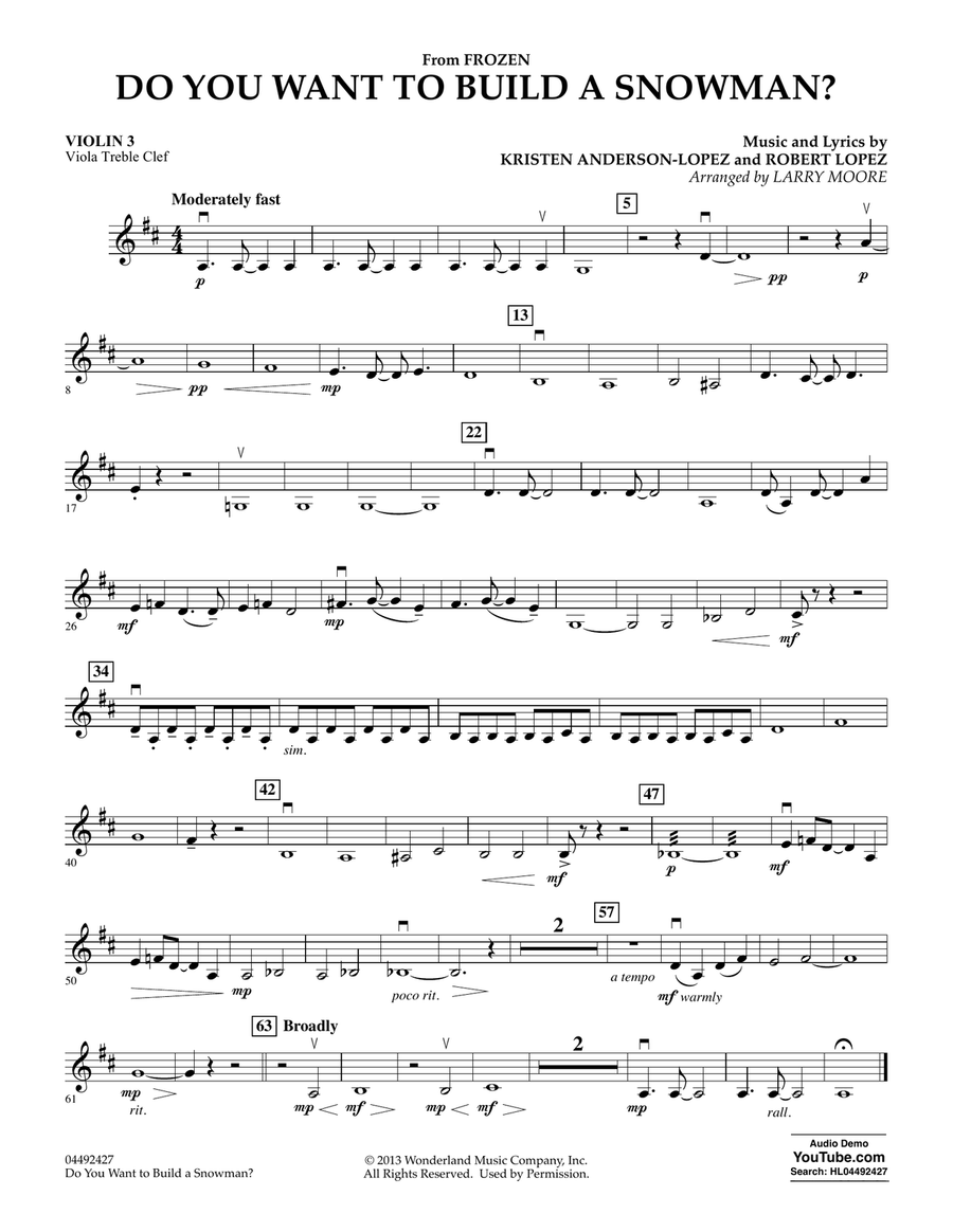 Do You Want To Build A Snowman (from Frozen) (arr. Larry Moore) - Violin 3 (Viola Treble Clef) Orchestra scores gallery preview page 1