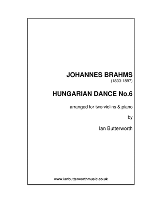 Book cover for BRAHMS Hungarian Dance No.6 arranged for 2 violins & piano