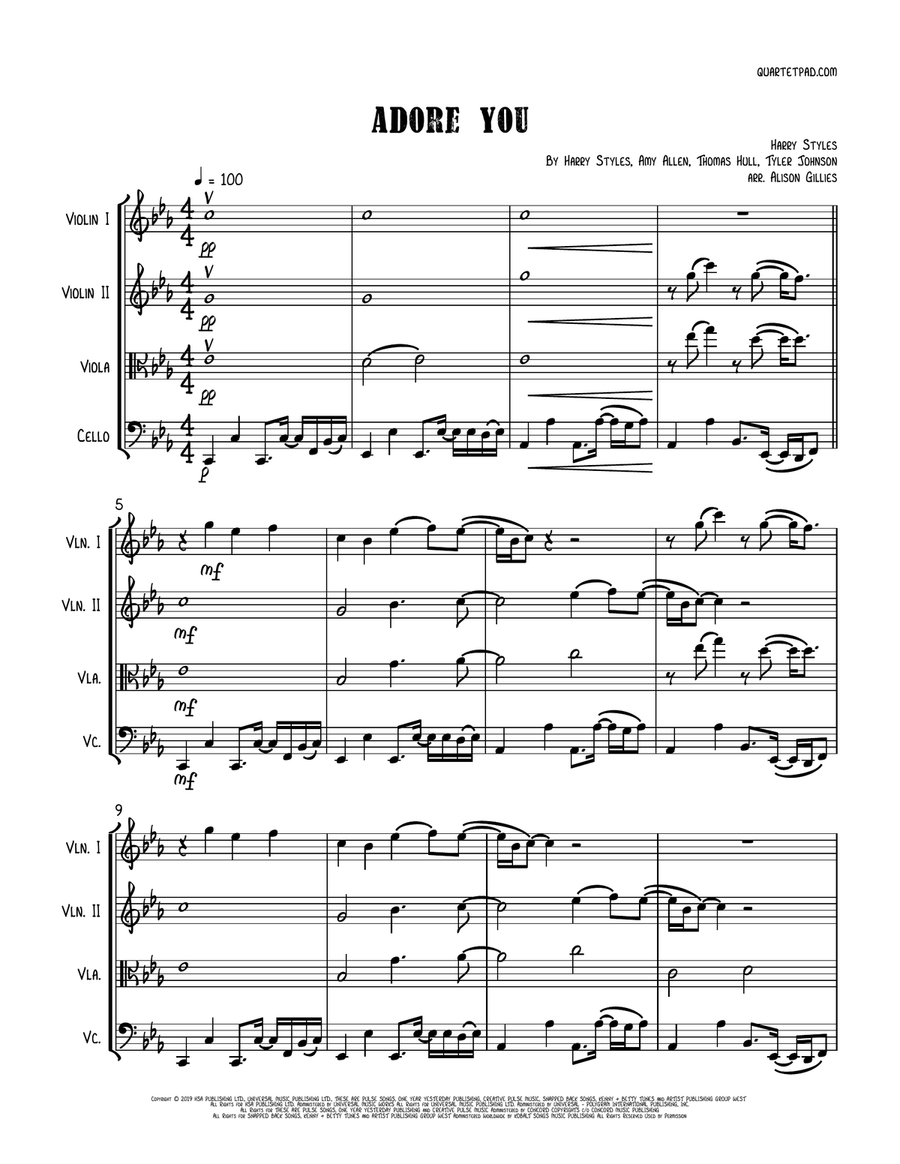 Adore You Adore You String Quartet scores gallery preview page 1