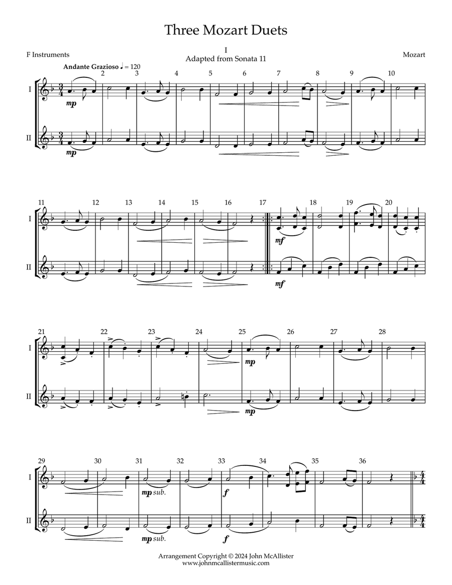 Three Mozart Duets - F Transposition Brass Duet scores gallery preview page 2