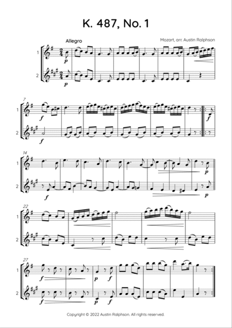 COMPLETE Mozart 12 duets, K. 487 - flute and clarinet duet Woodwind Duet scores gallery preview page 4