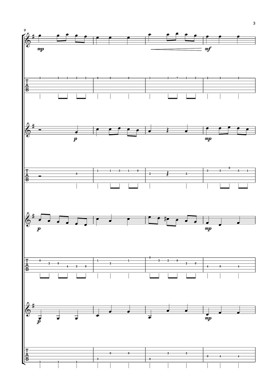 We Wish You a Merry Christmas for guitar quartet with tab. Score and parts Included. Guitar Ensemble scores gallery preview page 3