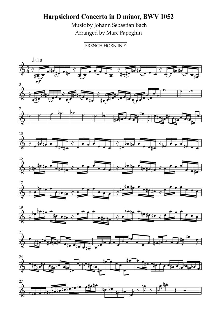 Harpsichord Concerto in D minor || French Horn Arrangement Harpsichord scores gallery preview page 1