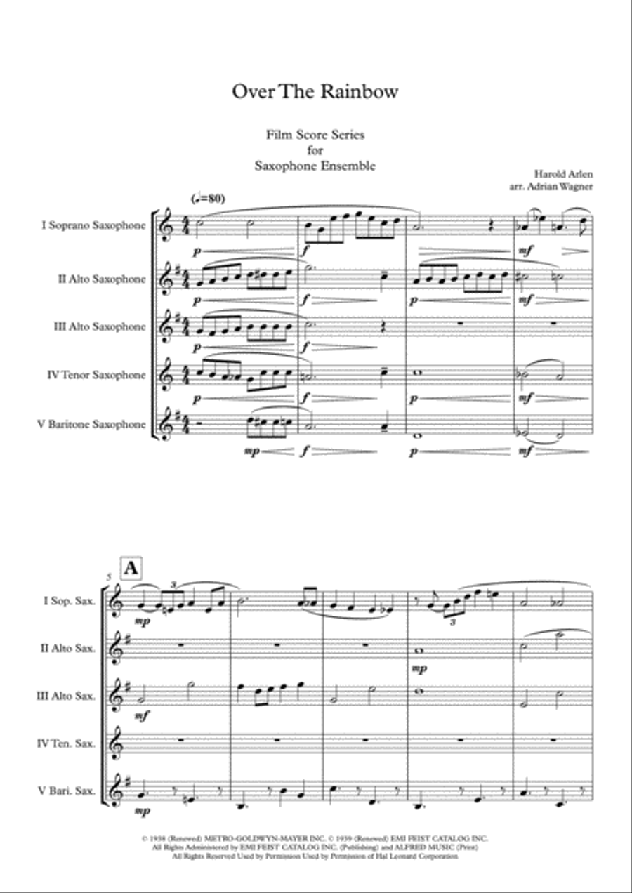 Over The Rainbow (from The Wizard Of Oz) Saxophone Quintet scores gallery preview page 3