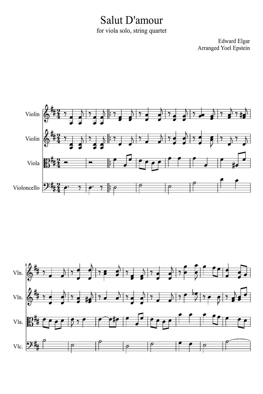 Salut D'amour by Elgar, arranged for string quartet (viola solo) String Quartet scores gallery preview page 3
