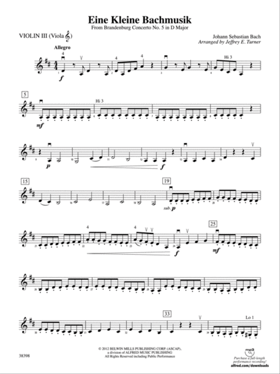 Eine Kleine Bachmusik (from Brandenburg Concerto No. 5 in D Major): 3rd Violin (Viola [TC]) by Johann Sebastian Bach String Orchestra - Digital Sheet Music
