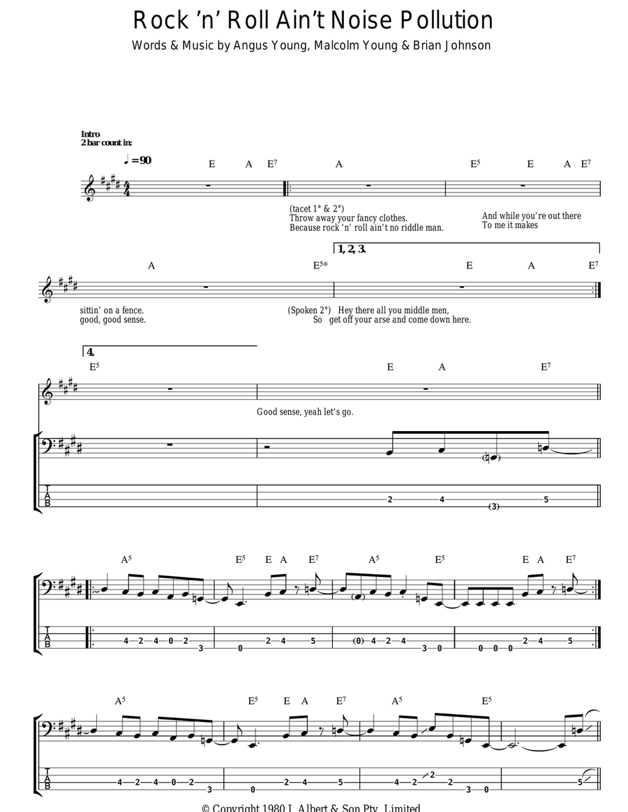 Rock And Roll Ain't Noise Pollution Bass Guitar Tablature scores gallery preview page 1