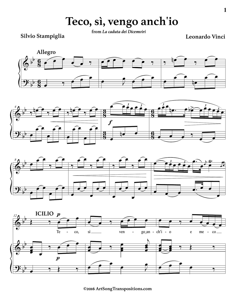 VINCI: Teco, sì, vengo anch'io (transposed to B-flat major) Piano, Vocal scores gallery preview page 2