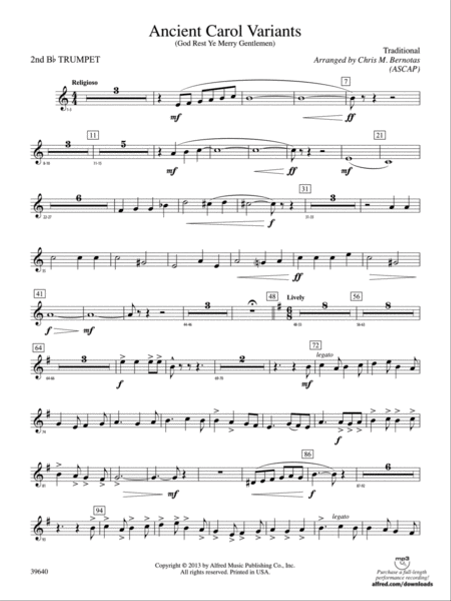 Ancient Carol Variants: 2nd B-flat Trumpet Concert Band scores gallery preview page 1