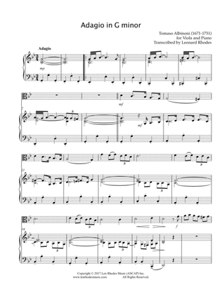 Book cover for Albinoni - Adagio in G Minor, for Viola and Piano