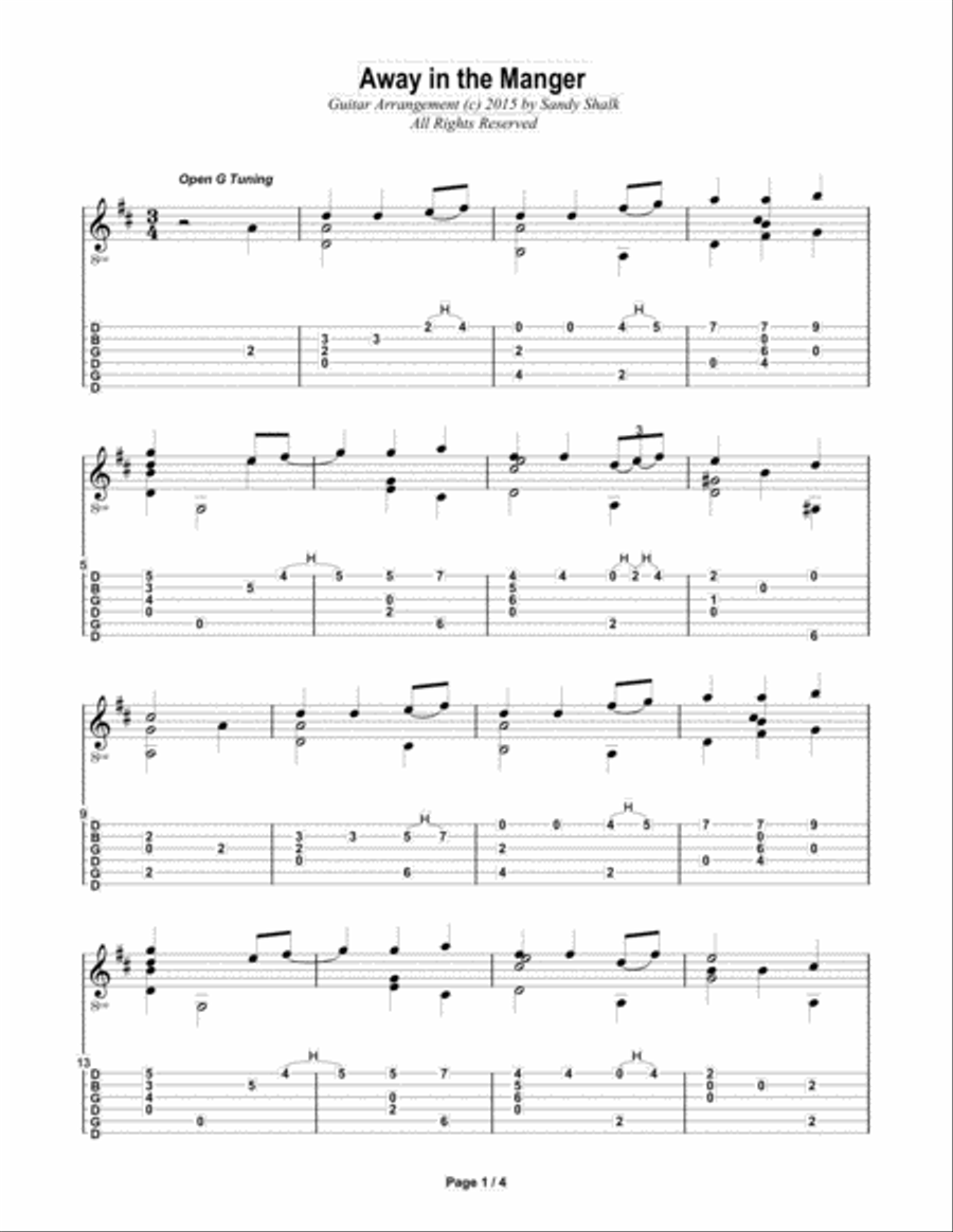Away in the Manger (OPEN G Fingerstyle Guitar) Acoustic Guitar scores gallery preview page 1