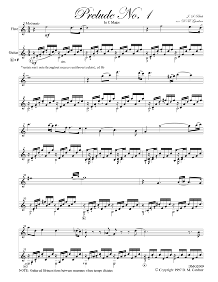 Bach's Prelude No. 1 in C for Flute and Guitar Flute - Digital Sheet Music
