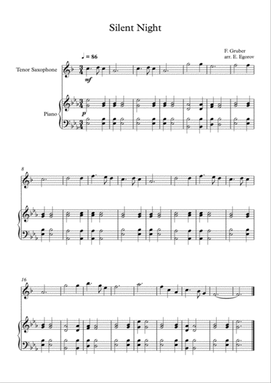 Silent Night, Franz Xaver Gruber, For Tenor Saxophone & Piano Tenor Saxophone scores gallery preview page 1
