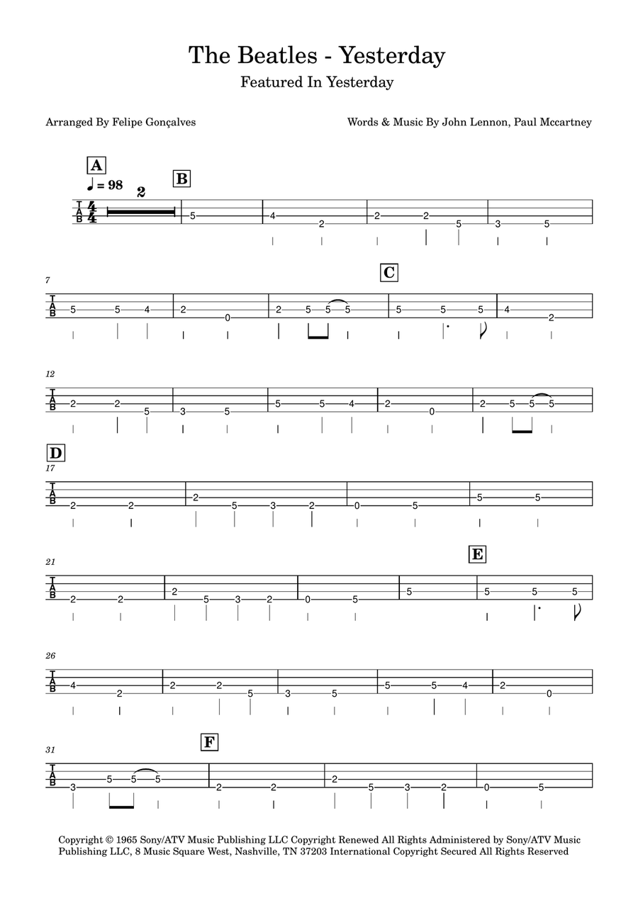 Yesterday Bass Guitar Tablature scores gallery preview page 1