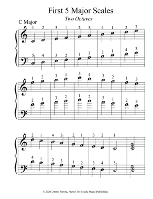 SCALES, First 5 Major Scales (C G D A E) 2 Octaves, for piano (big alpha note notation)