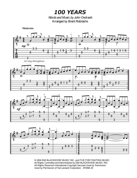 100 Years by Five for Fighting Electric Guitar - Digital Sheet Music