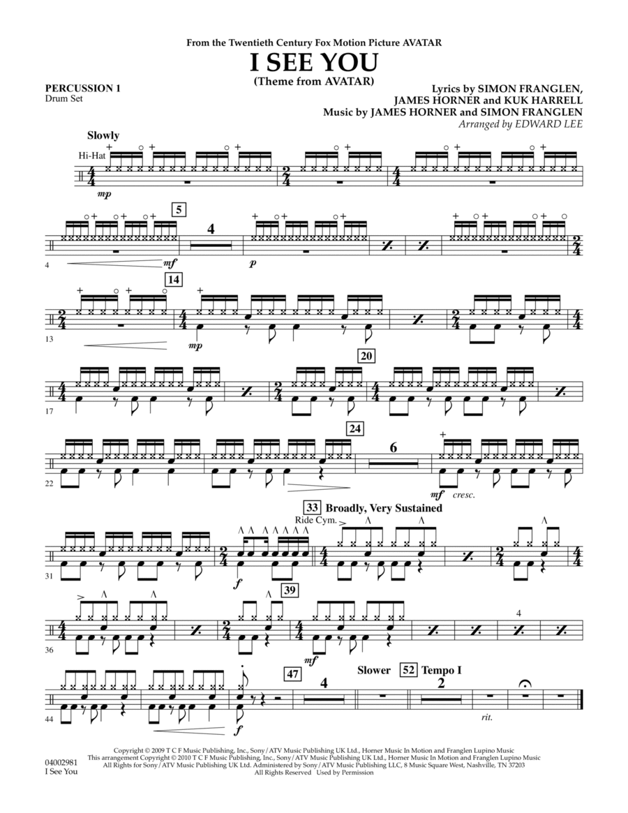 I See You (Theme from Avatar) - Percussion 1 Concert Band scores gallery preview page 1