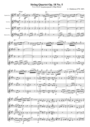 Book cover for String Quartet Op. 18 No. 5 for Saxophone Quartet (SATB)