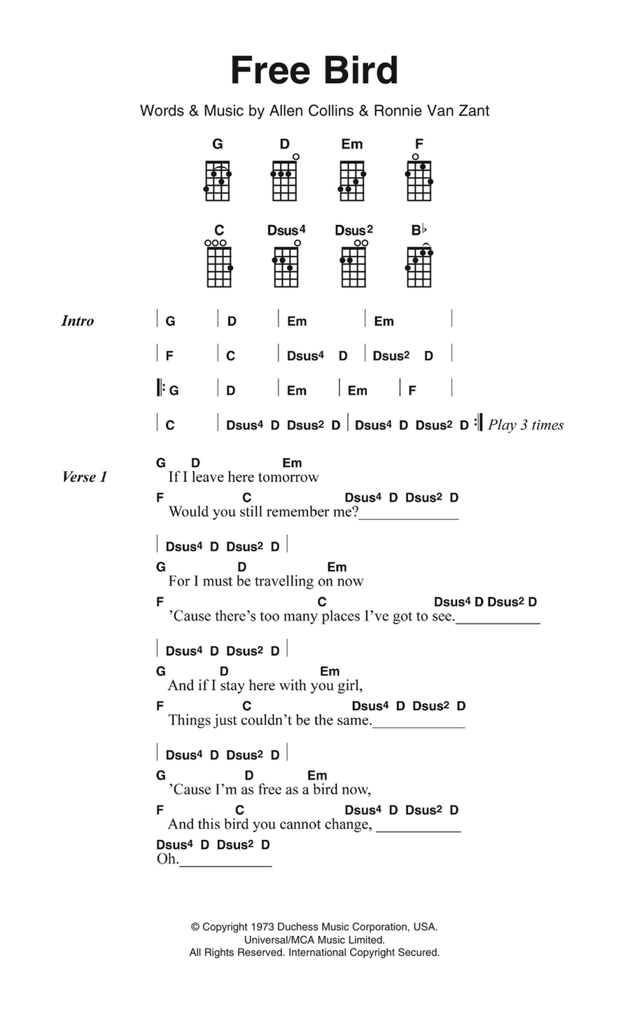 Free Bird Ukulele scores gallery preview page 1