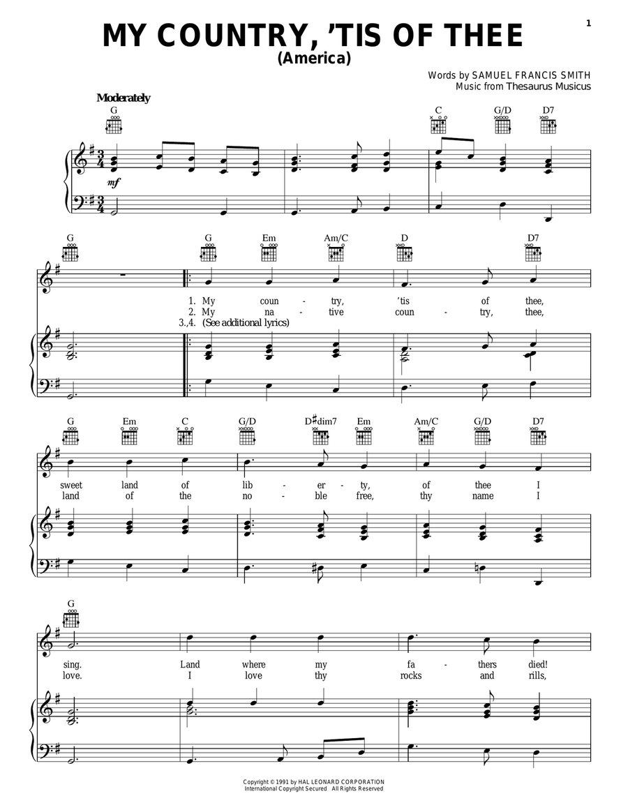 My Country, 'Tis Of Thee (America) Piano, Vocal, Guitar scores gallery preview page 1