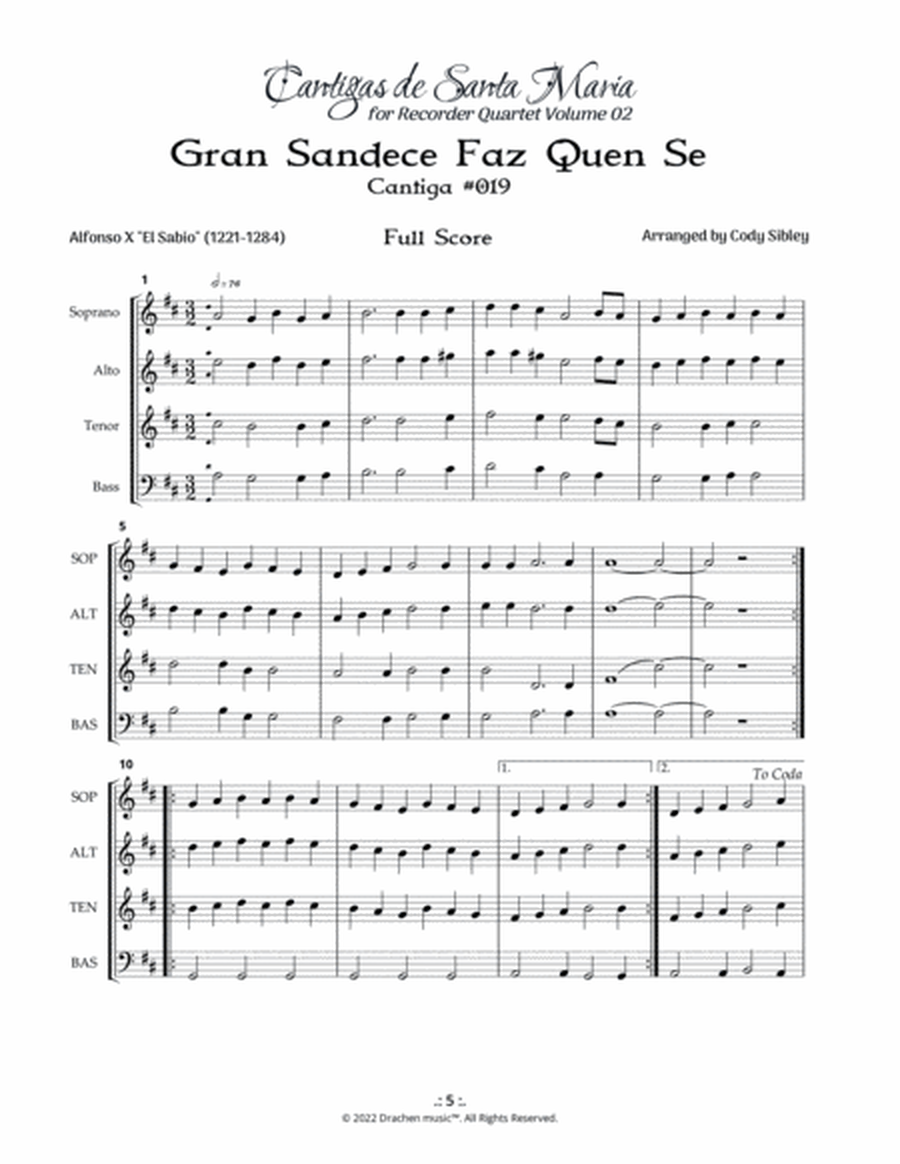 Cantigas de Santa Maria 019 Gran Sandece Faz Quen Se for Recorder Quartet image number null
