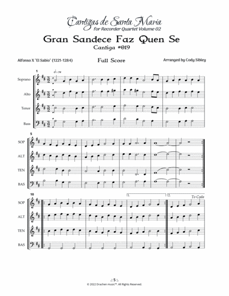 Cantigas de Santa Maria 019 Gran Sandece Faz Quen Se for Recorder Quartet image number null