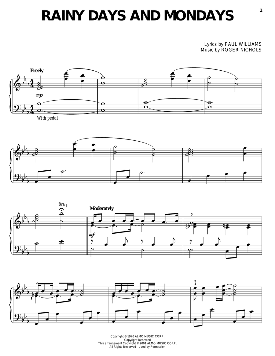 Rainy Days And Mondays Piano Solo scores gallery preview page 1