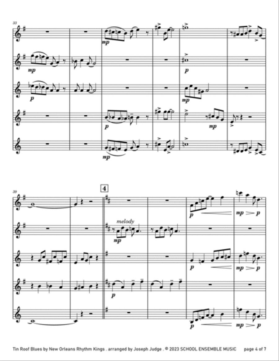 Tin Roof Blues by the Kings for Saxophone Quartet in Schools Saxophone Quartet scores gallery preview page 4