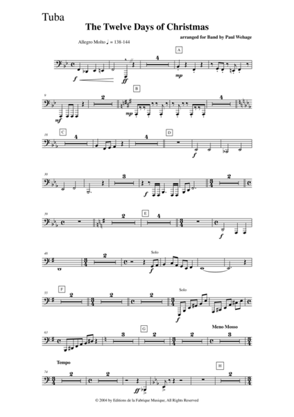 Paul Wehage : The Twelve Days Of Christmas, arranged for concert band, tuba part