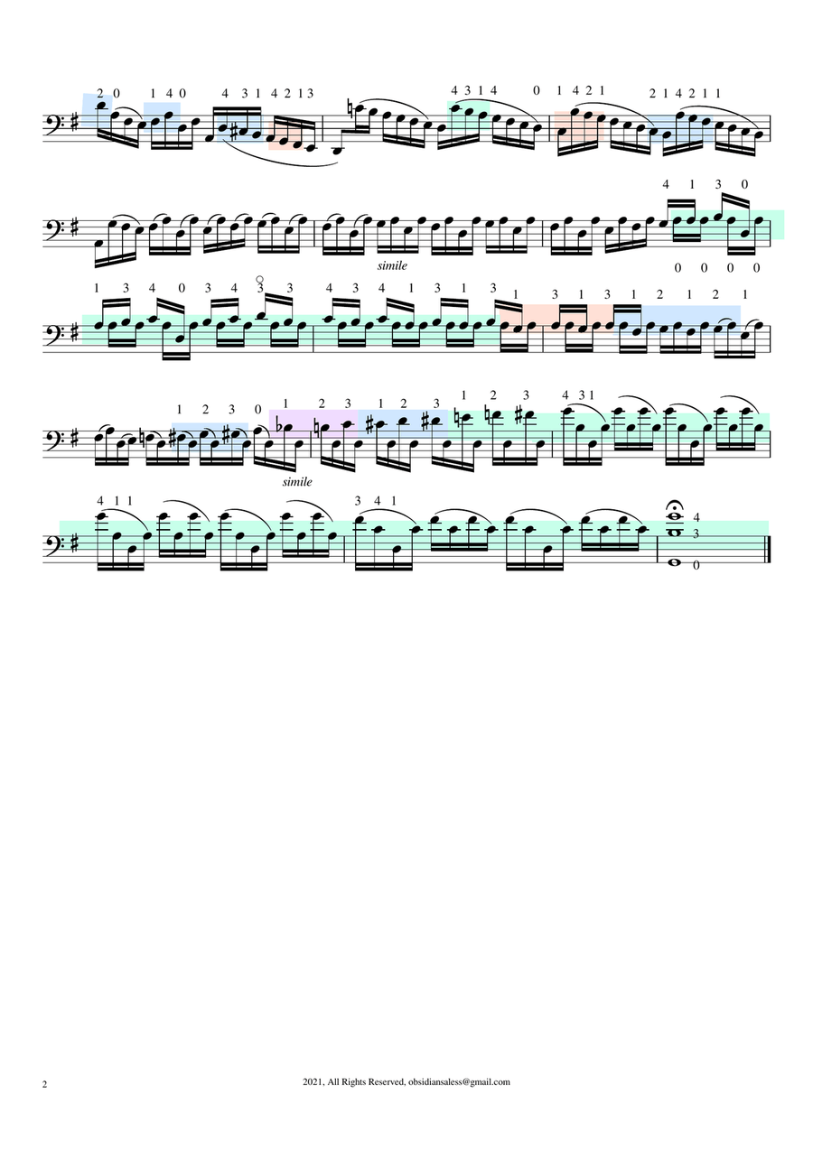 Bach: Cello Suite no. 1 in G Major / Colored Fingering Guide Cello Solo scores gallery preview page 4