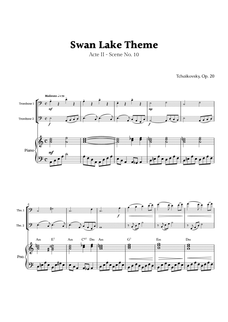 Swan Lake Theme by Tchaikovsky Trombone Duet scores gallery preview page 1