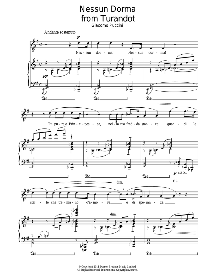 Nessun Dorma Piano, Vocal scores gallery preview page 1