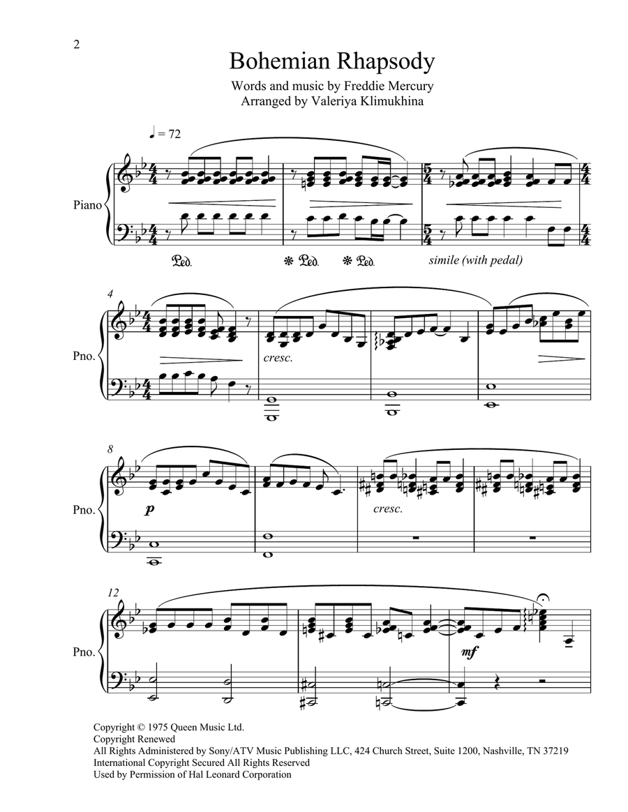 Bohemian Rhapsody Piano Solo scores gallery preview page 2