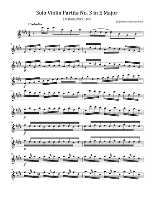 Book cover for Solo Violin Partita No. 3 in E Major - J. S. Bach, BWV 1006