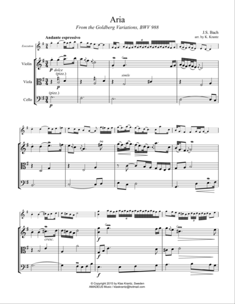 Aria (Goldberg var.) BWV 988, ornamented, for string trio String Trio scores gallery preview page 1