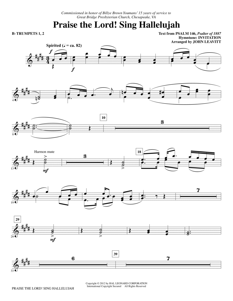Praise The Lord! Sing Hallelujah - Bb Trumpet 1,2 Choir scores gallery preview page 1