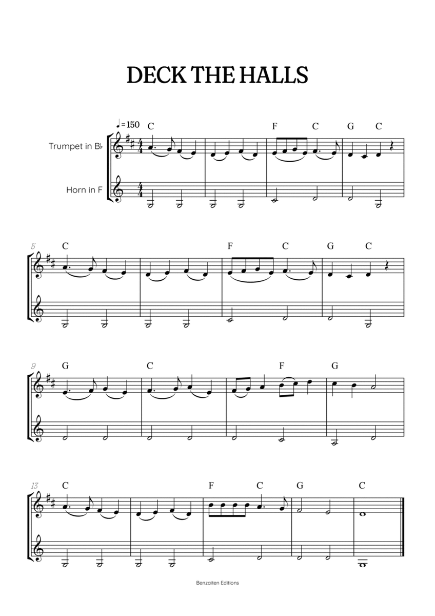 Deck the Halls for trumpet and french horn duet • super easy Christmas song sheet music with chords image number null