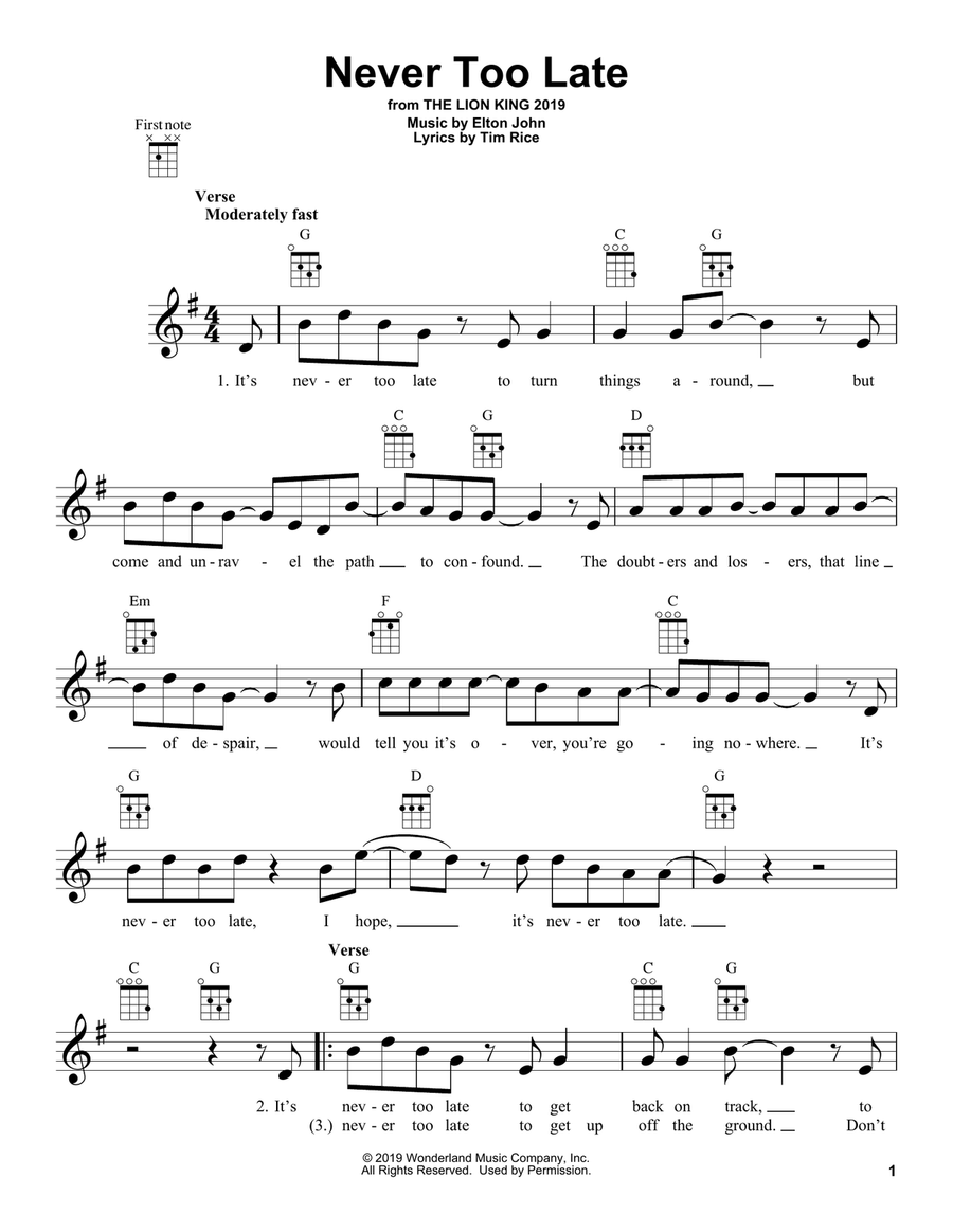 Never Too Late (from The Lion King 2019) Ukulele scores gallery preview page 1