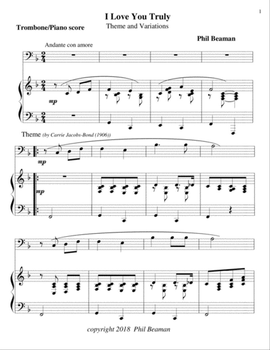 I Love You Truly-trombone/piano Piano scores gallery preview page 1